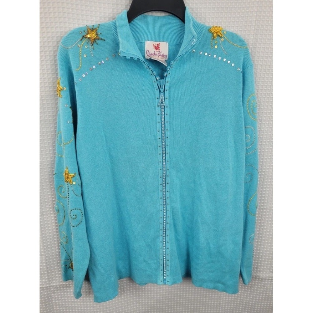 Quacker Factory Beaded & Sequin Blue Cardigan Sweater w/Rhinestone Zipper Medium